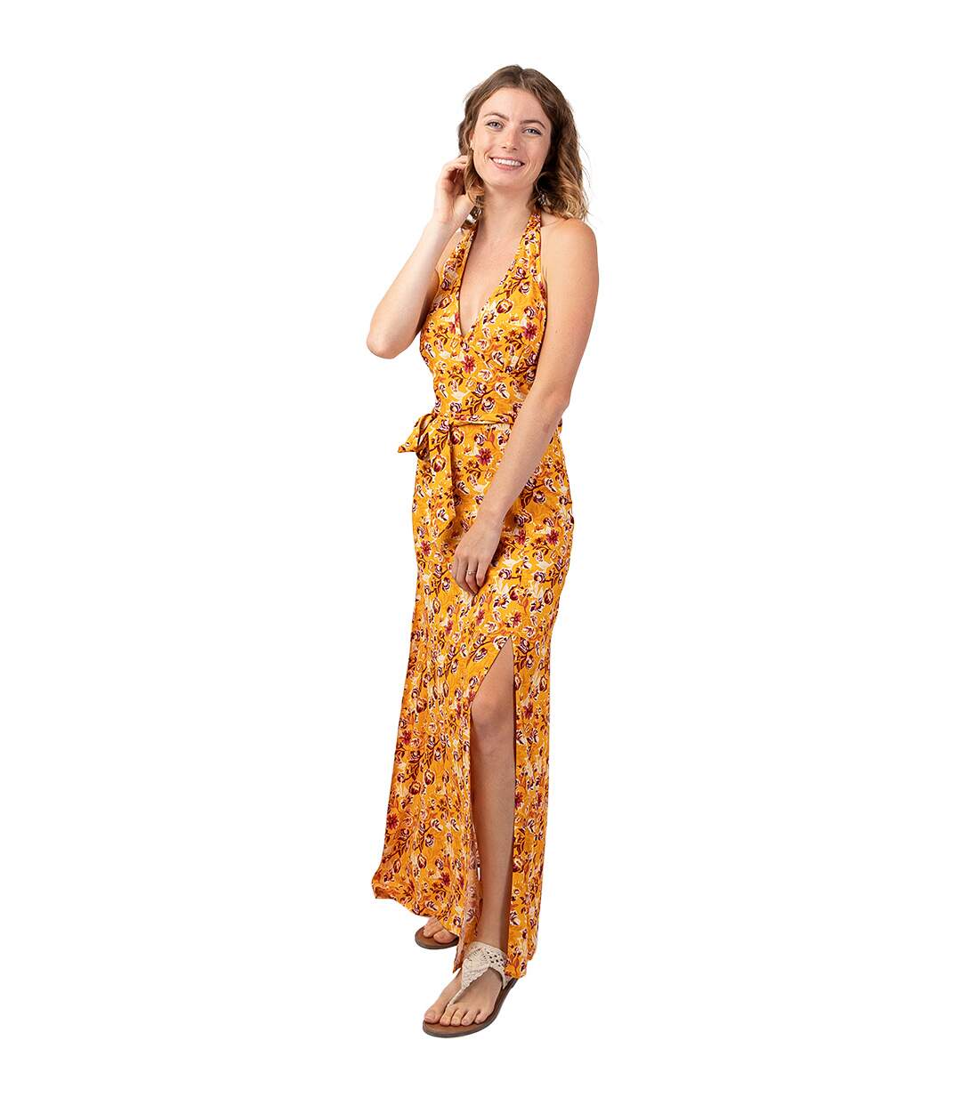 Robe longue femme plage SORAYA dos nu jaune Coton Du Monde-1