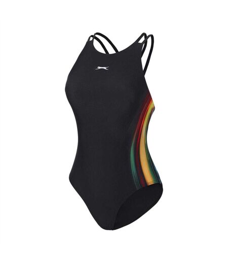 Womens/ladies String-back One Piece Swimsuit Black Print Slazenger
