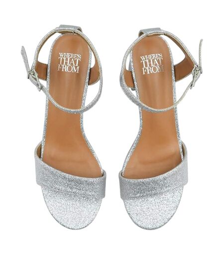 Womens/ladies Glitter Low Block Heel Sandals Silver Shiny Where's That From