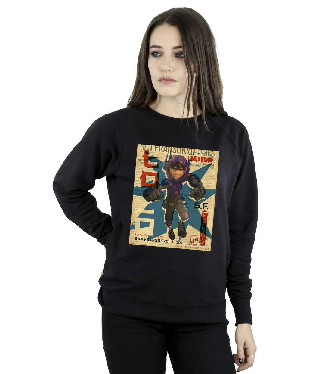 Disney - Sweat BIG HERO BAYMAX HIRO NEWSPAPER - Femme (Noir) - UTBI11434-2