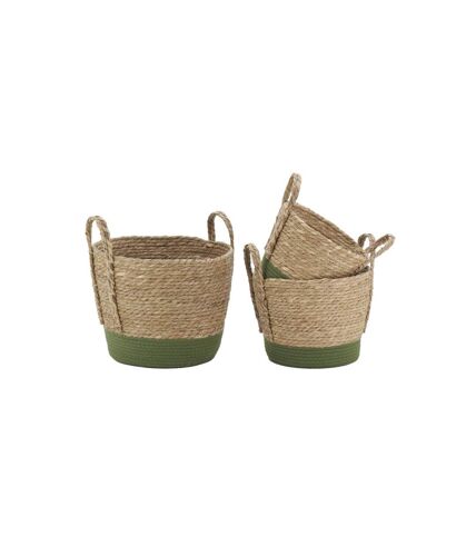 Cache-pots en jonc naturel et coton vert (lot de 3)