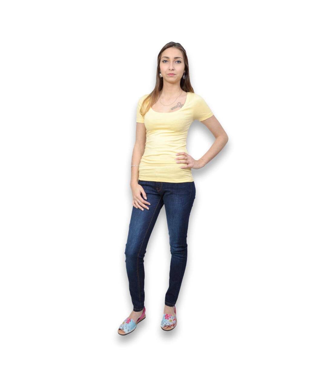 Tee shirt manches courtes femme de couleur jaune col rond