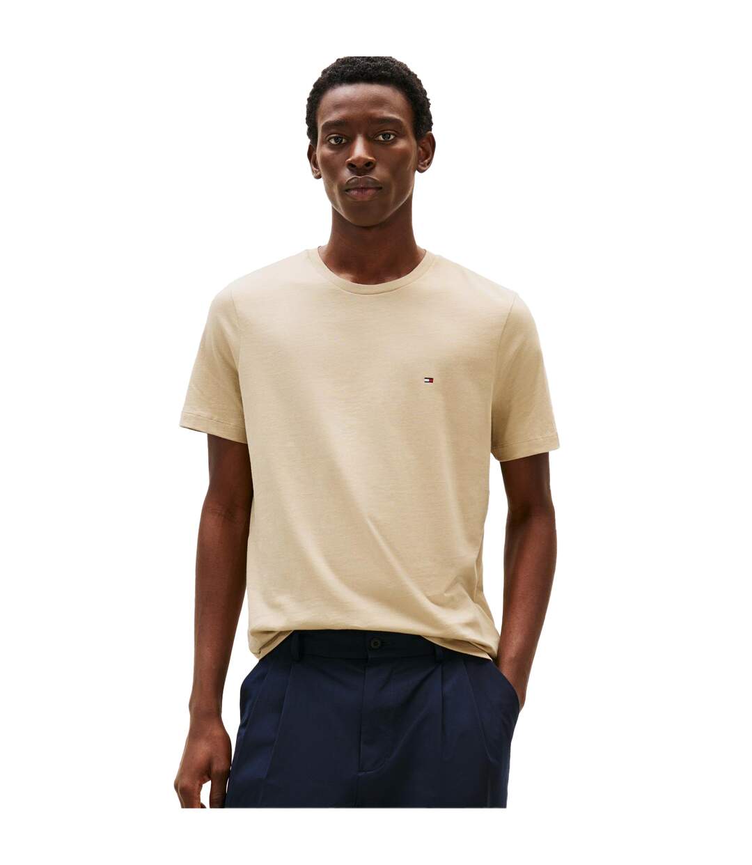 Mens Embroidered Logo Crew Neck T-shirt Sand Beige Tommy Hilfiger-4