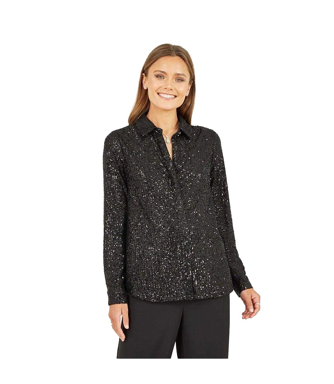 Womens/ladies Sequin Regular Long-sleeved Shirt Black Yumi-4