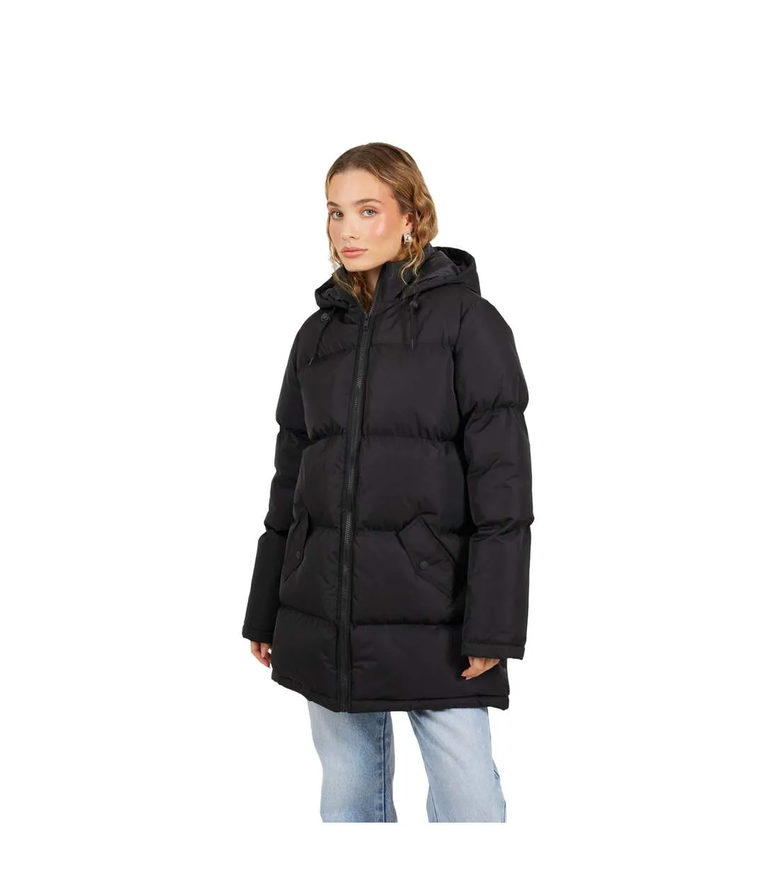 Womens/ladies Padded Long Length Hooded Jacket Black Brave Soul-1