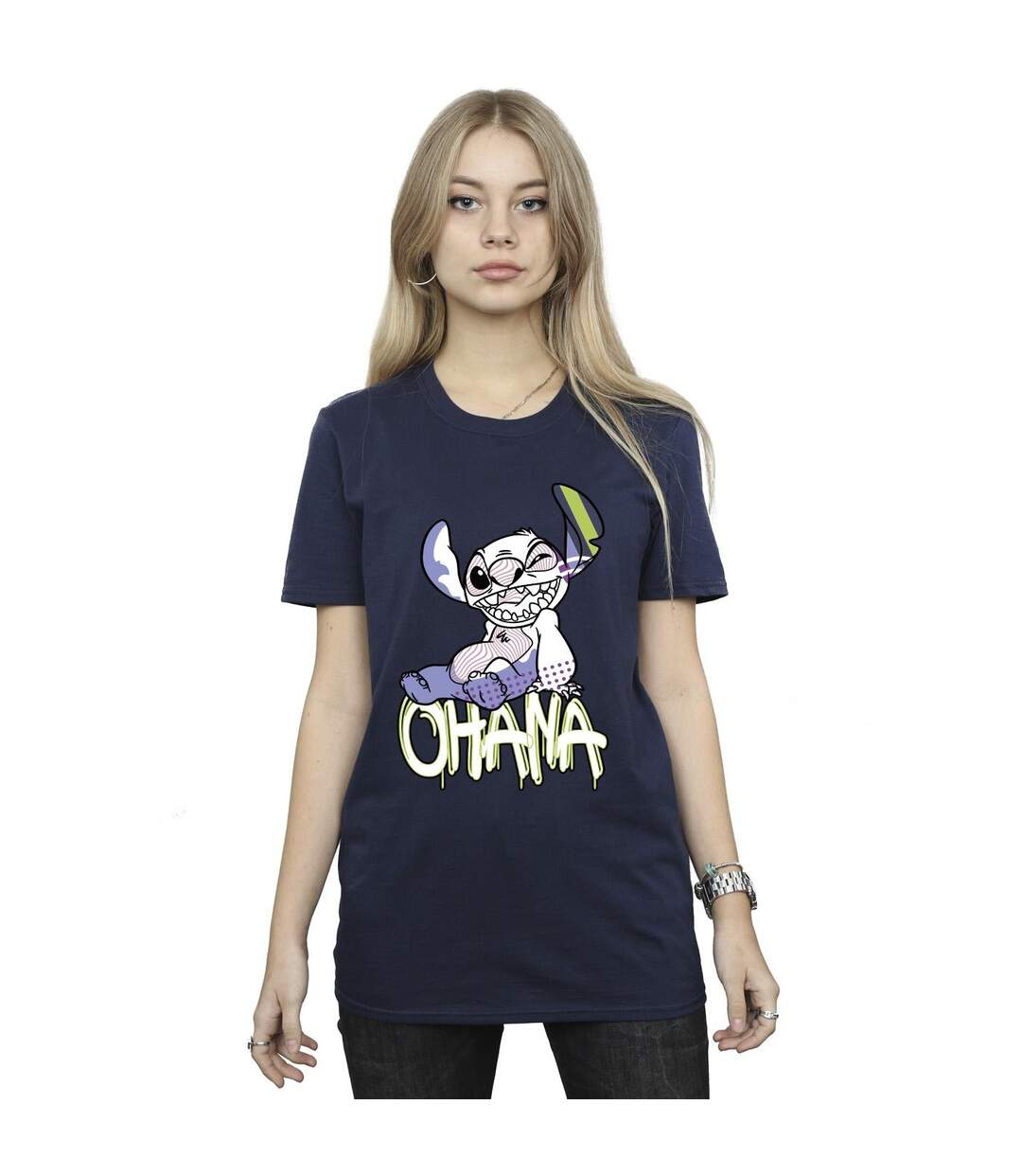 Disney Womens/Ladies Lilo And Stitch Ohana Graffiti Cotton Boyfriend T-Shirt (Bleu marine) - UTBI30298-2