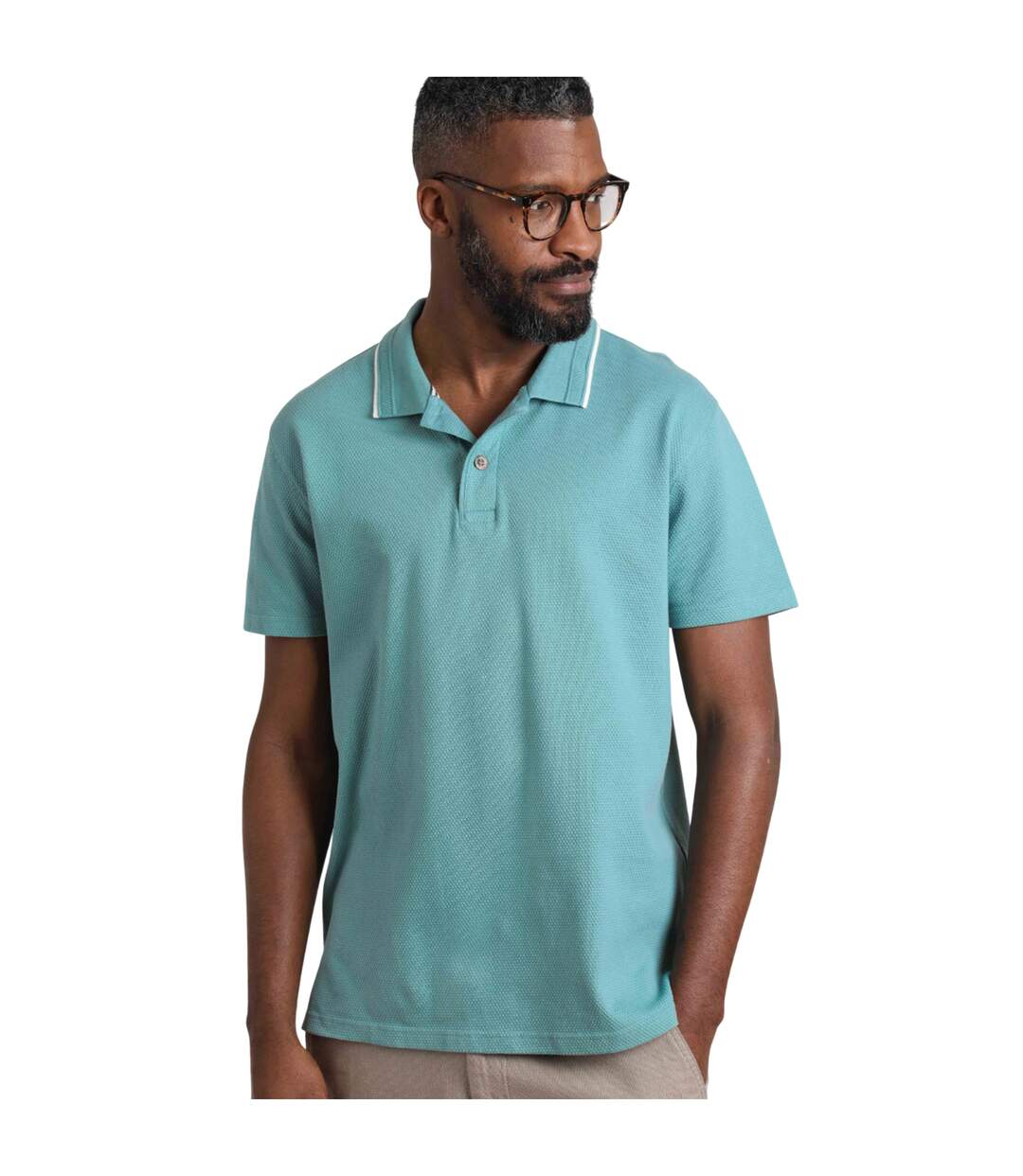 Mens powell organic cotton textured polo shirt mineral blue Weird Fish-3