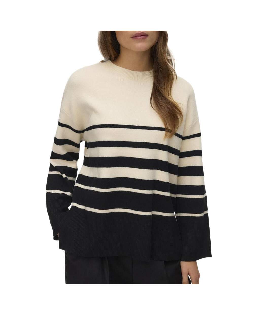 Pull beige/noir à rayures femme vero moda saba-1