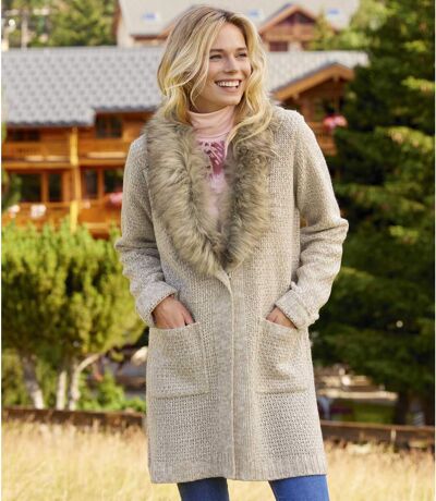 Women's Beige Knitted Jacket with Faux-Fur Collar 