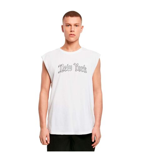 Mens New York Wording Sleeveless Tank Top Blanc Mister Tee