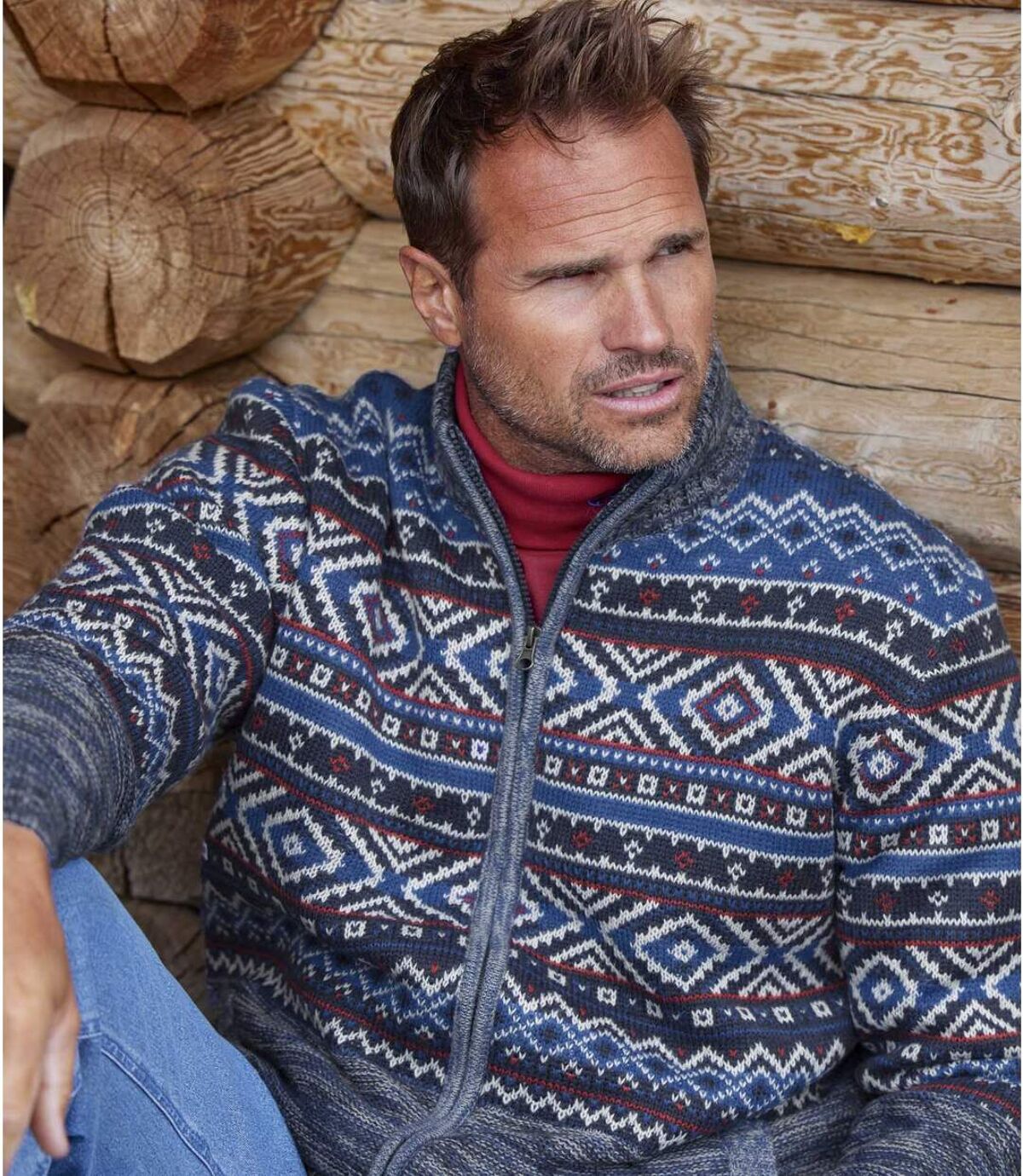 Žakárový pletený sveter na zips Atlas For Men