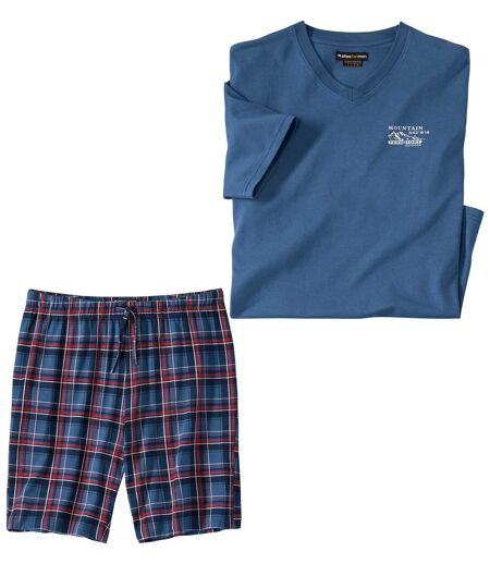 Krátké modré pyžamo s kostkovanými šortkami 