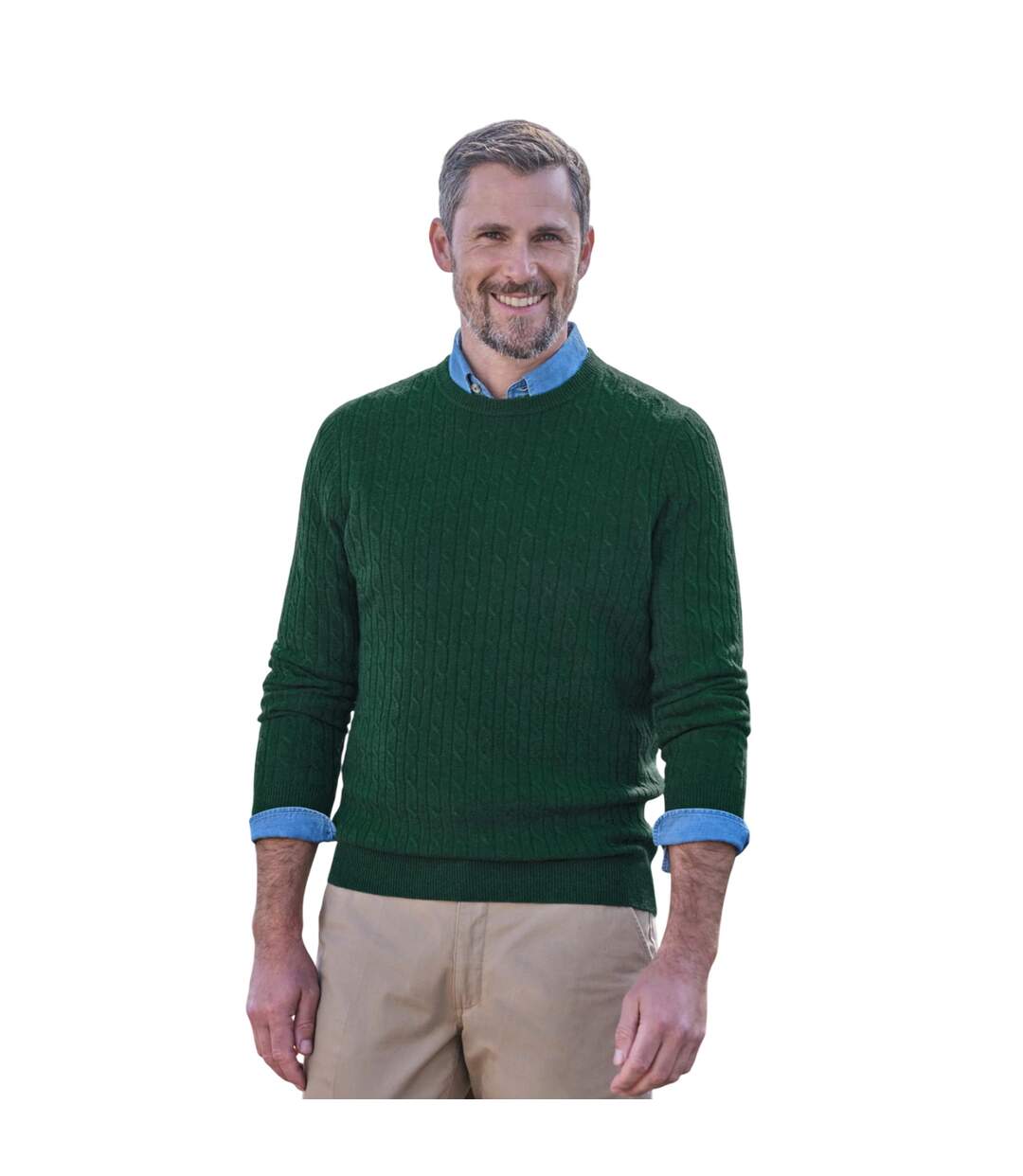 Mens Cable Knit Cashmere Merino Crew Neck Jumper Dark Forest WoolOvers-1