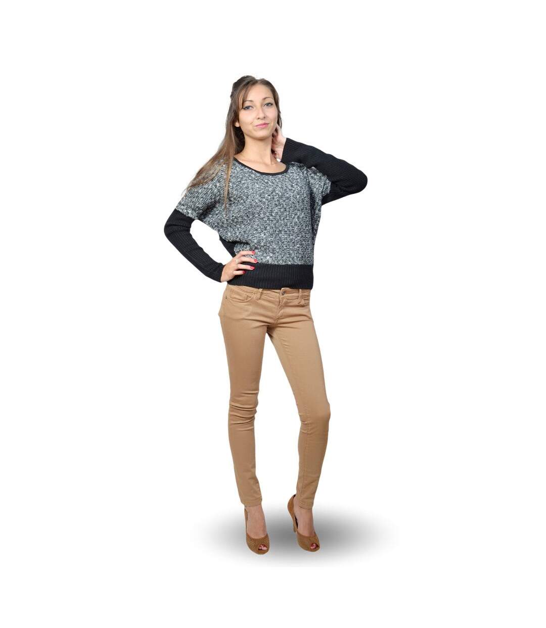 Pull femme manches chale de couleur:noir col rond-5