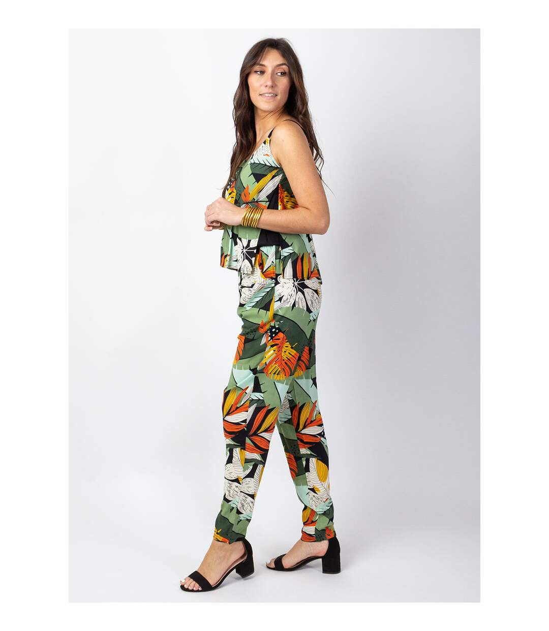 Combi Pantalon fines bretelles LOUCIA imprimé feuilles tropicales Coton Du Monde-3