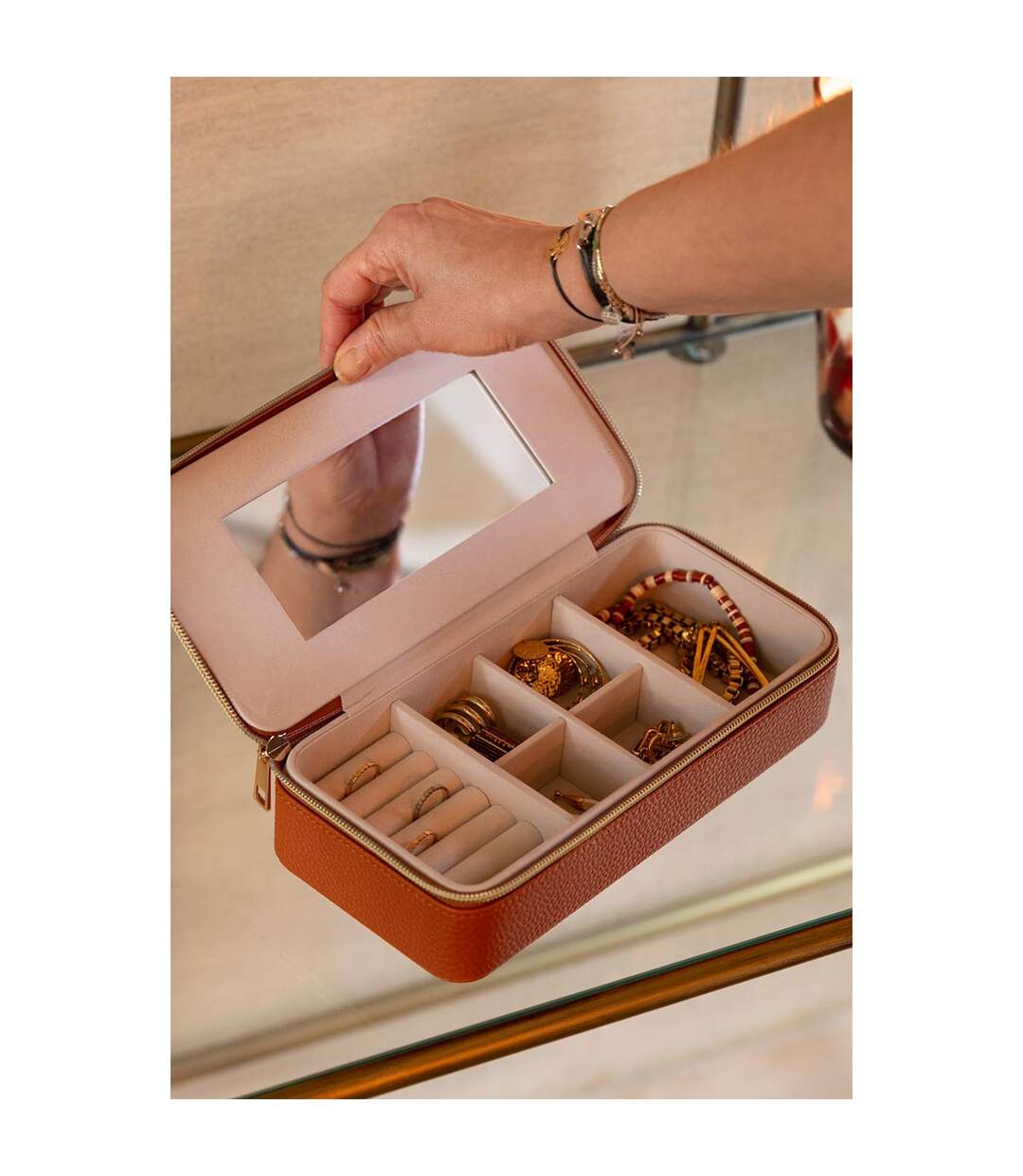 Boîte à Bijoux Avec Miroir Ericka 24cm Cognac-3
