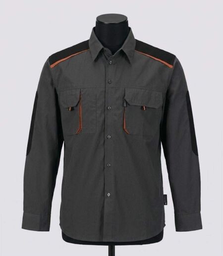 TERRATREND 3108 — Chemise à carreaux manches longues gris, noir et orange : robustesse polycoton et renforts Oxford