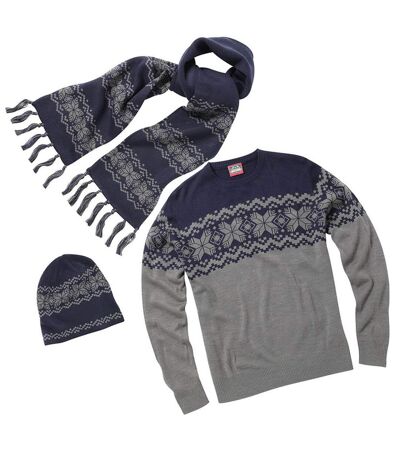 Christmas Shop Mens Traditional Knitted Winter Jumper, Hat & Scarf Set (Grey/Navy) - UTRW5309