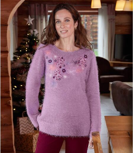 Women's Lilac Fluffy Embroidered Jumper  