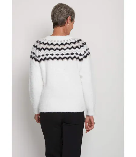 Pull col rond maille poilue jacquard soleil