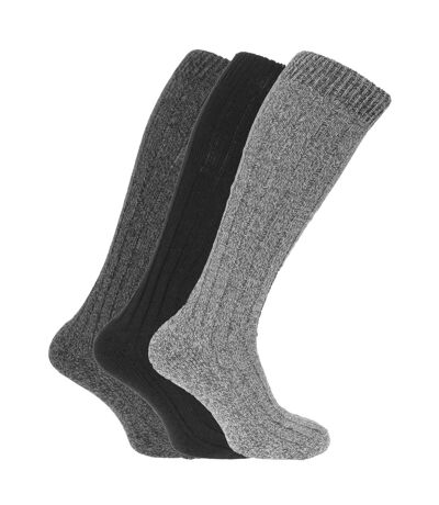Mens Wool Blend Long Length Socks With Padded Sole (Pack Of 3) (Black/Grey) - UTMB160