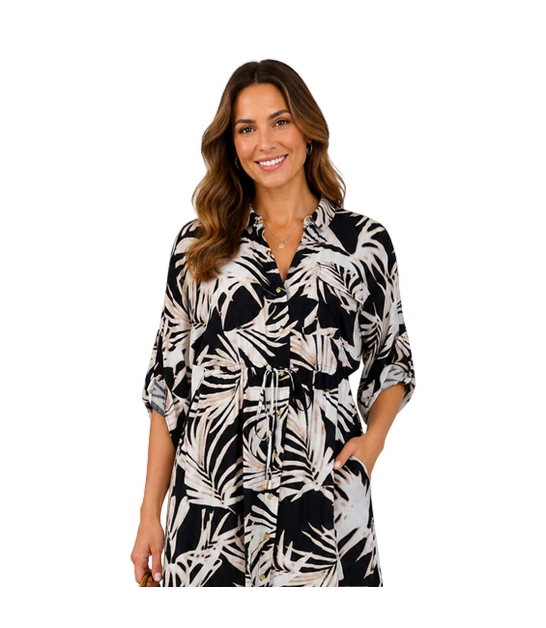 Womens/ladies Leaf Print Pocket Midi Shirt Dress Black White Biba-4