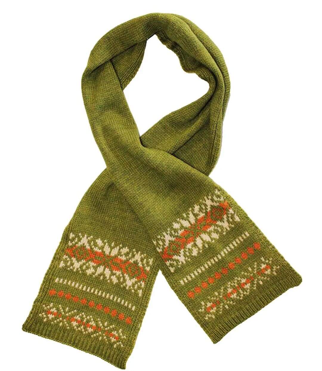 Écharpe Jacquard Laine & Acrylique Vert Kaki - Motifs Ethniques-1