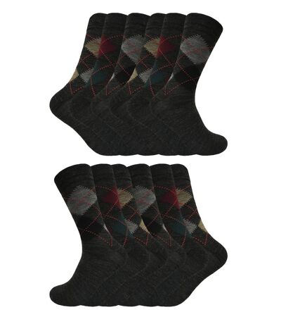 12 Pair Mens Soft Lambswool Honeycomb Top Argyle Patterned Socks