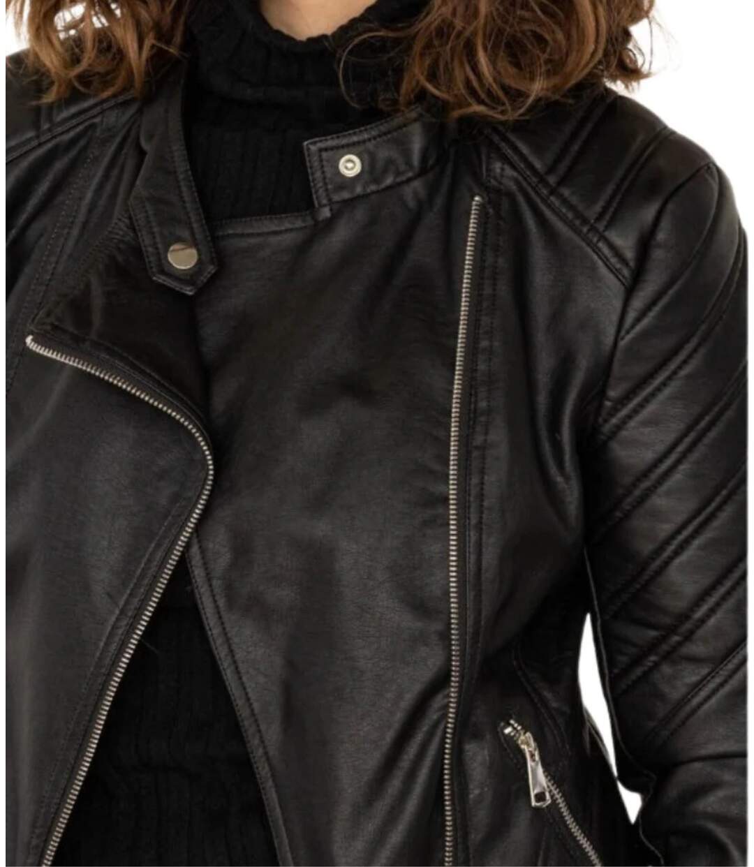Blouson Chic Femme Noir en Simili Cuir - élégant et Confortable avec Poches Zippées et Col Large-4