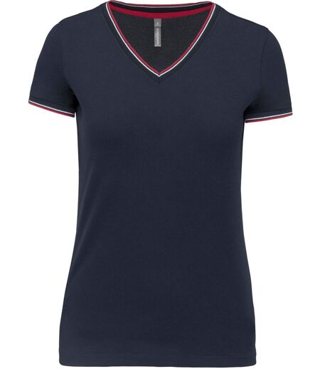 T-shirt manches courtes coton piqué col V K394 - bleu marine red - femme