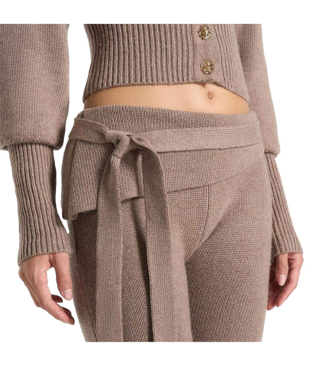 Womens/ladies Knitted Tie Belt Fitted And Flared Leggings Beige Maniere De Voir-4