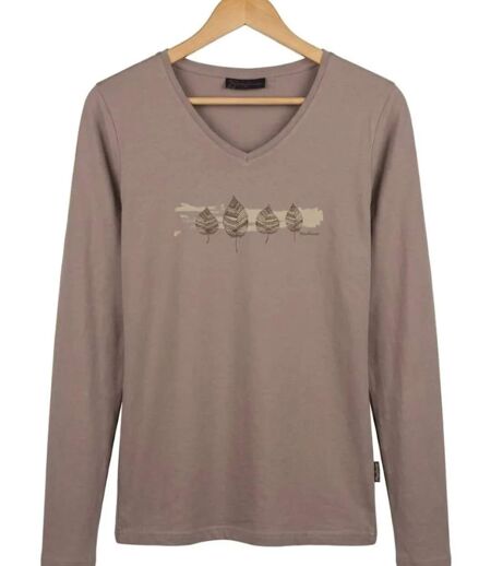 Mayflower NERVAL5 : Tee-shirt femme manches longues beige en coton avec petit col V