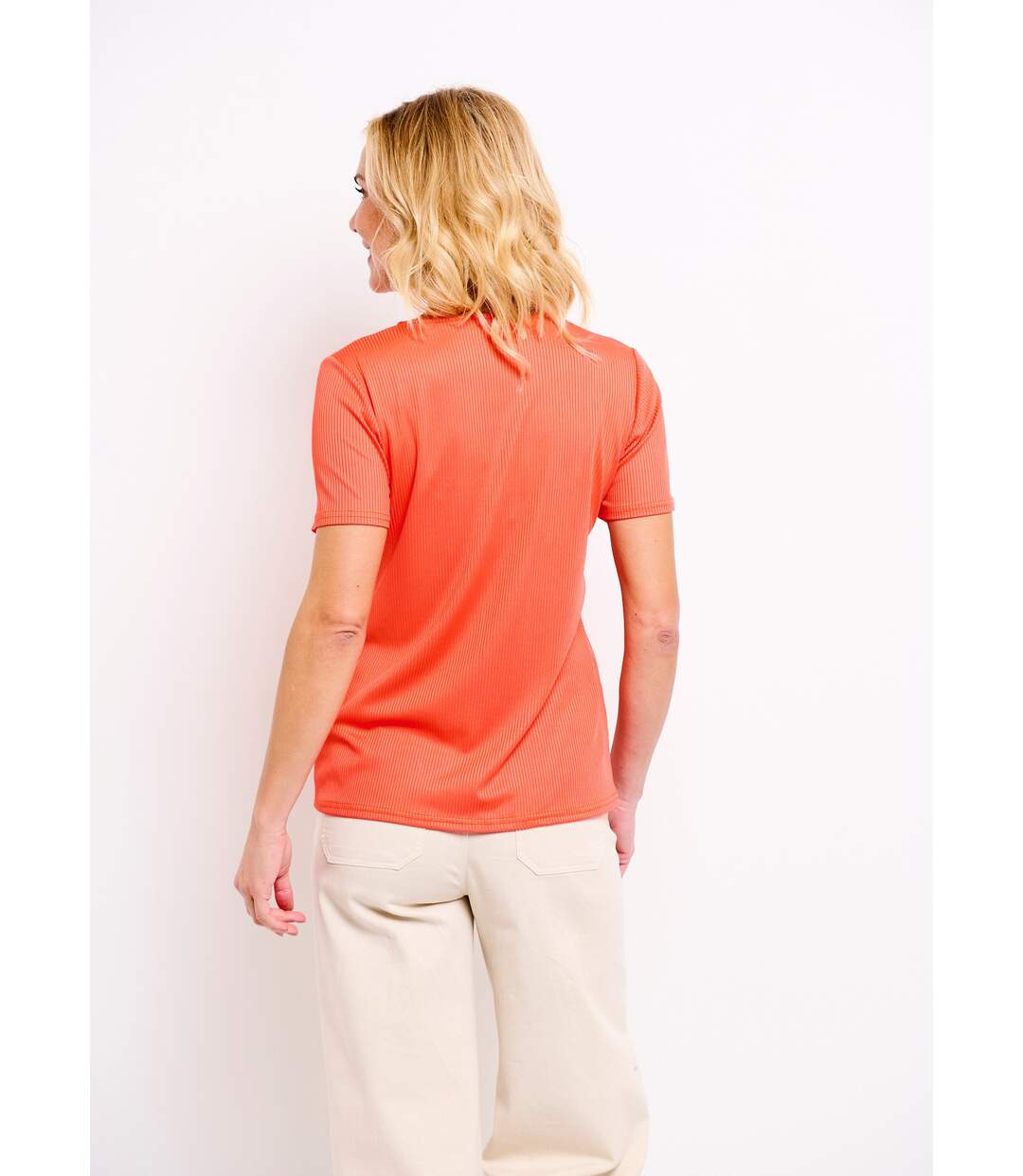 T-shirt côtelé uni droit court col V-2