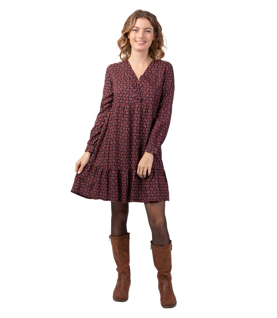 Robe courte manches longues en viscose épais FLORA motif ethnique prune Coton Du Monde