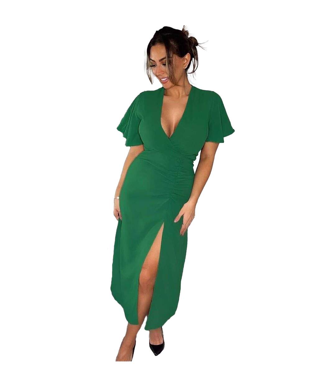 Robe Mi-longue Motif/style Ruché Femme Vert AX Paris-2