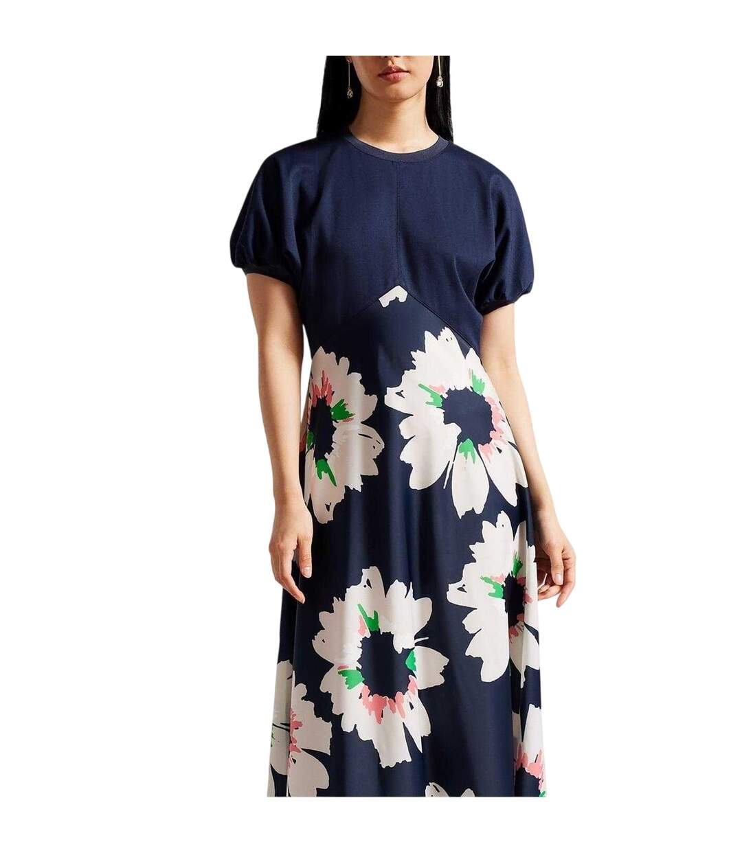 Womens/ladies Floral A-line Puff Sleeve Midi Dress Dark Blue Ted Baker-4