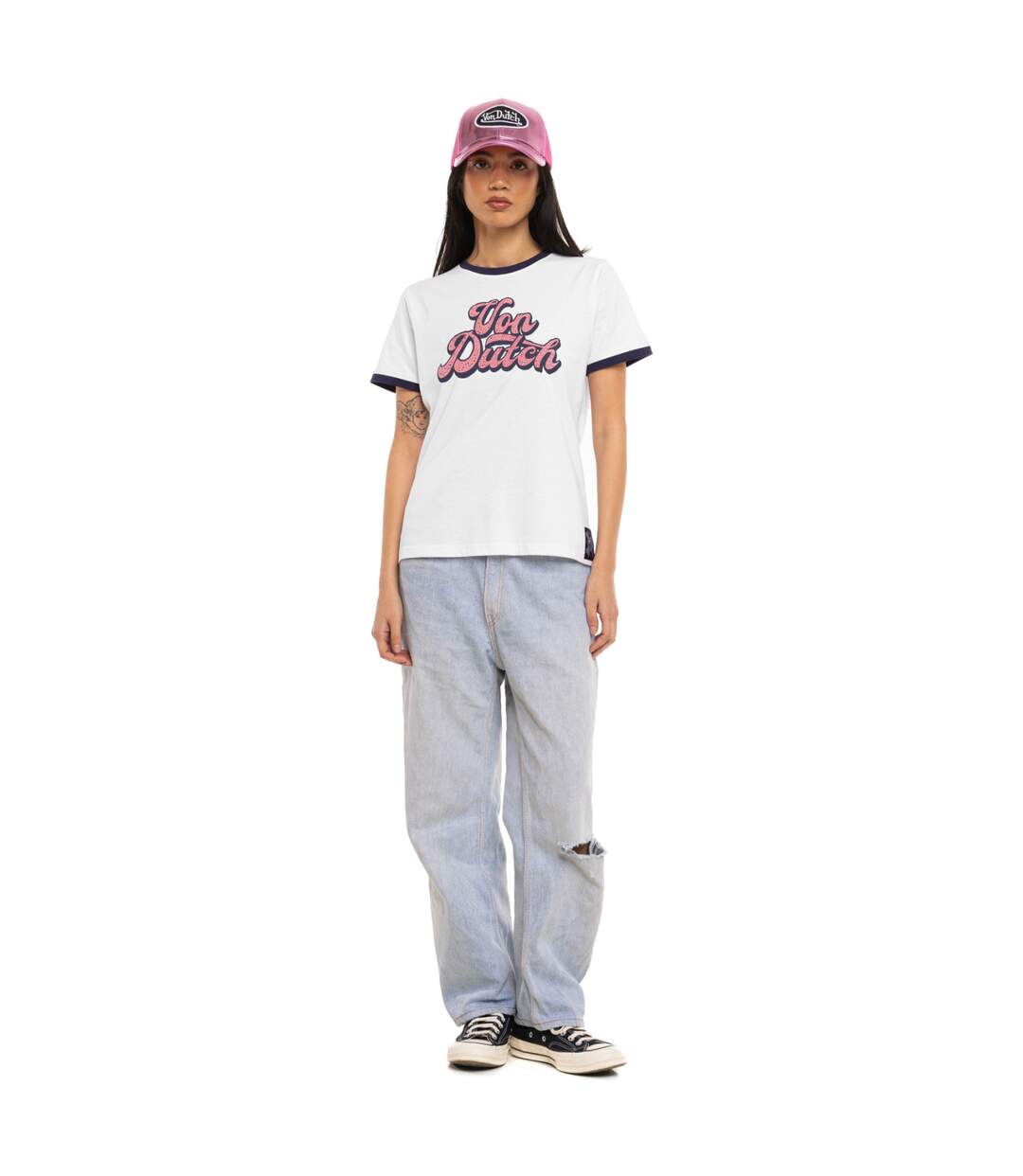 T-shirt femme col rond avec Rib contrastés et print devant Groovy Vondutch-4