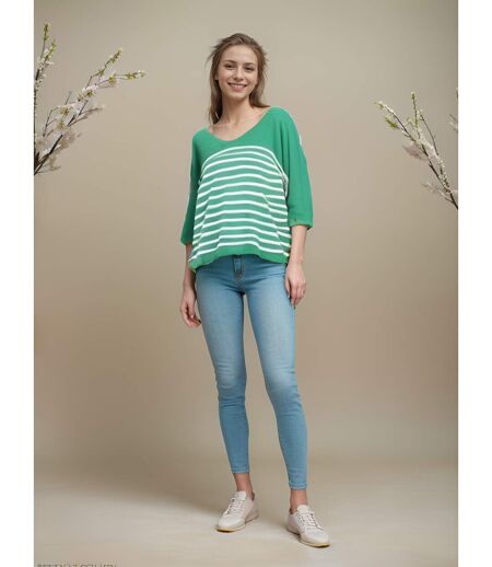 Pull femme rayé - Pull col en V - Manches 3/4 - Couleur Vert