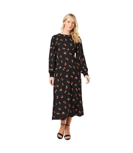 Womens/ladies floral shirred cuff midi dress black Dorothy Perkins