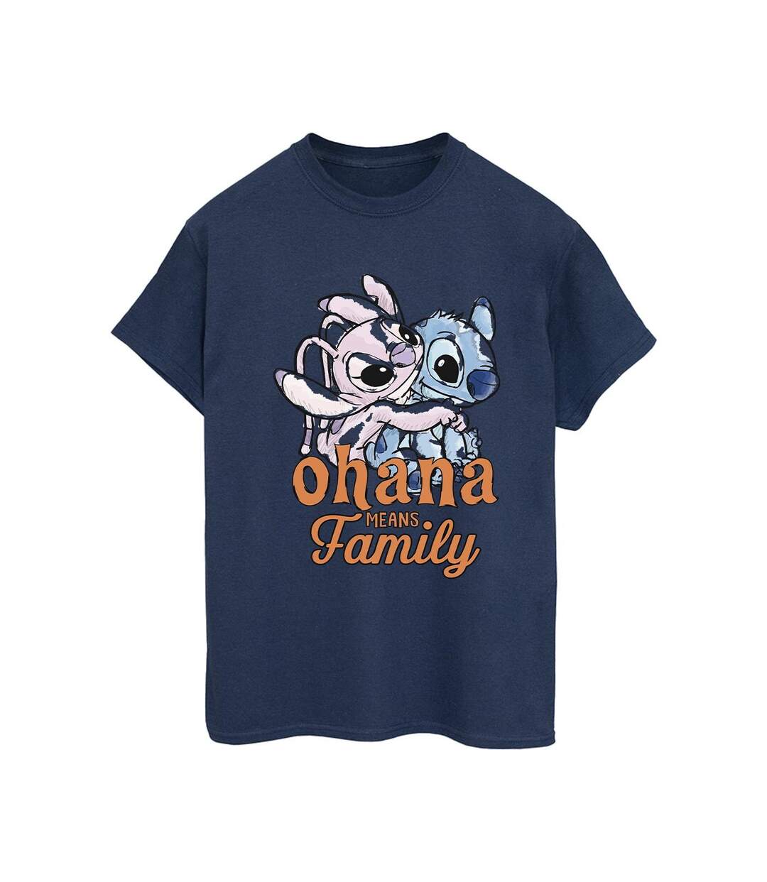 Disney Womens/Ladies Lilo And Stitch Ohana Angel Hug Cotton Boyfriend T-Shirt (Bleu marine) - UTBI30158-1