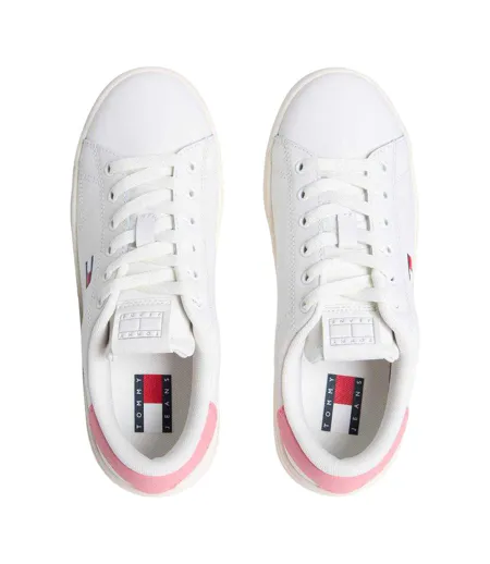 Womens/ladies Script Leather Trainers Ecru Pink Tommy Jeans