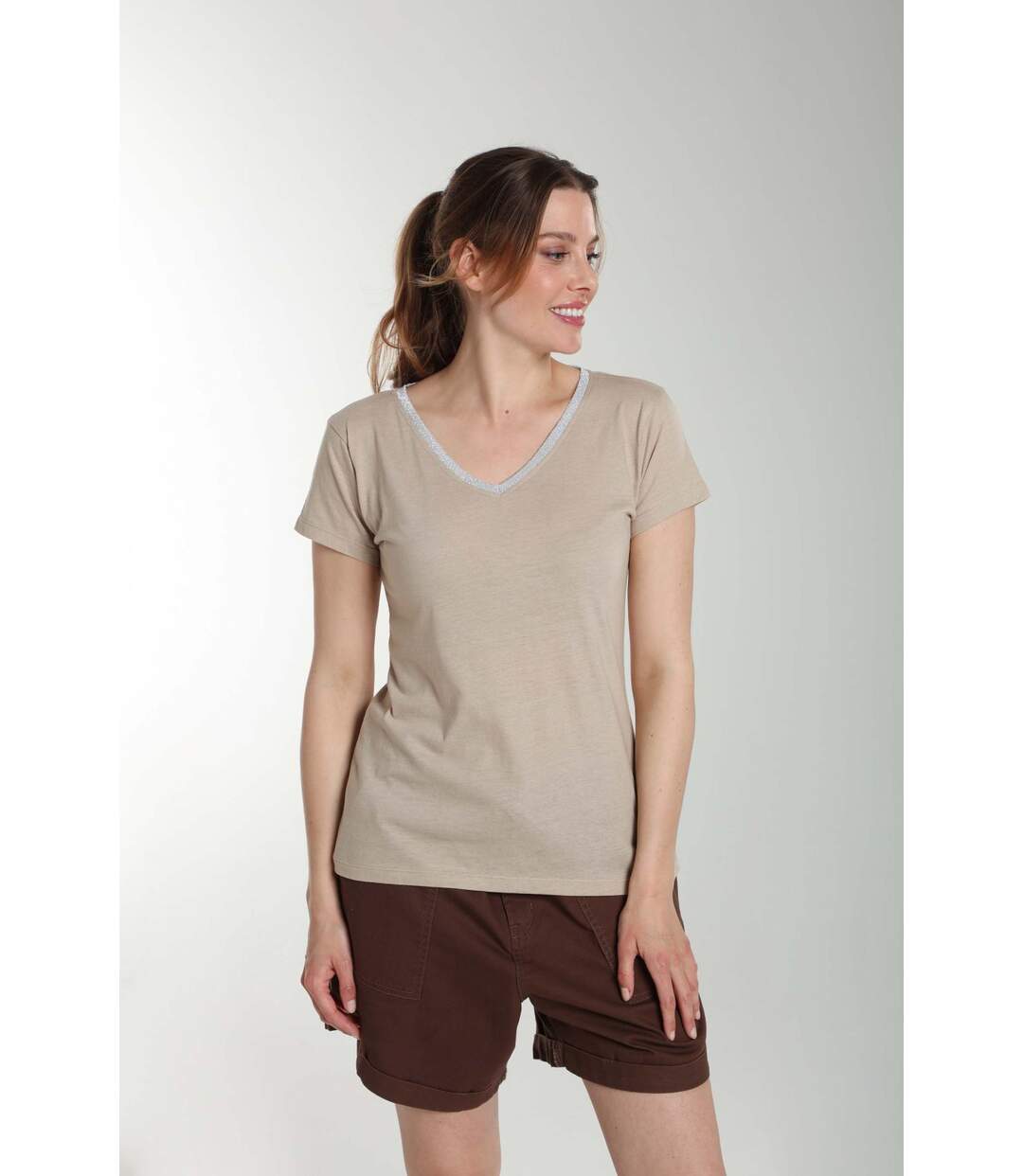 Tee shirt col v lurex manches courtes femme Tee Sun Taupe Clair | Gerard Pasquier-2