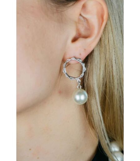 Silver Hexagon Freshwater Single White Large Pearl Dainty Drop Dangle Stud Earring