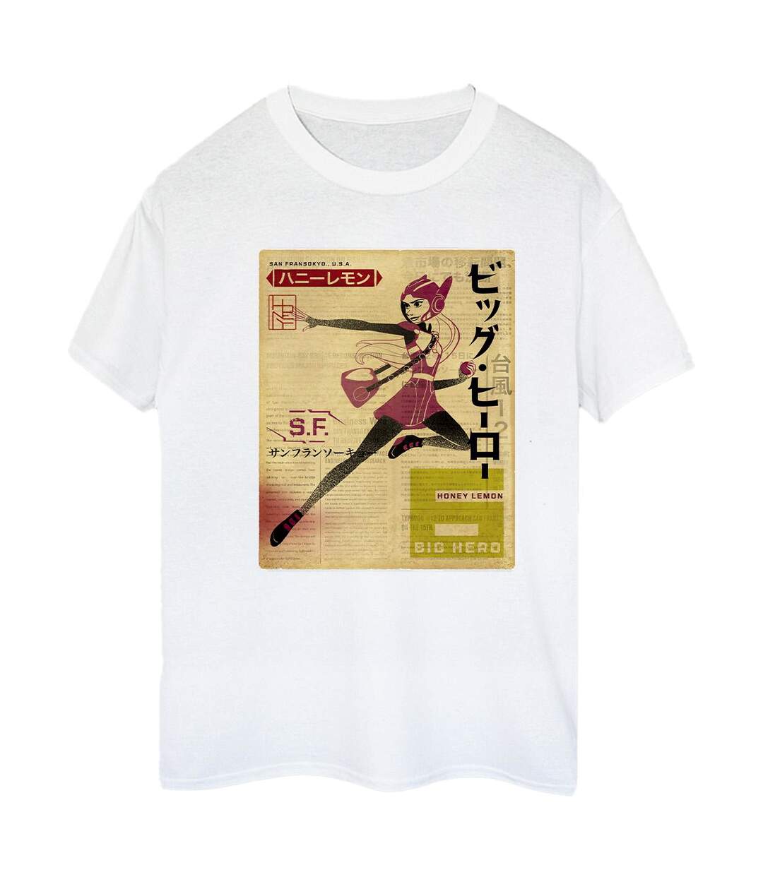 Disney Femme/Les femmes Big Hero 6 Baymax Honey Lemon Newspaper Coton Boyfriend T-Shirt (Blanc) - UTBI15513-1