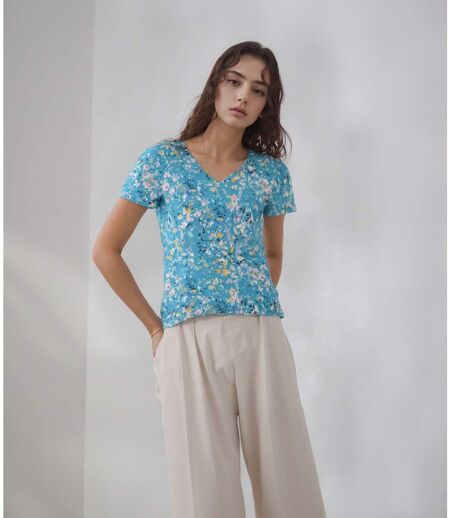 Tee-Shirt Femme Imprimé à  Manches Courtes Col V - Modèle Bleu SARAH JOHN