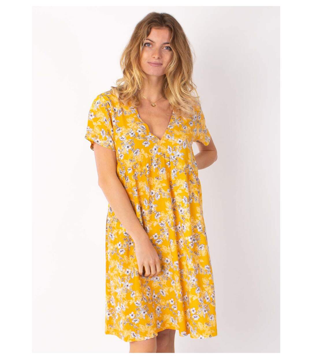 Robe babydoll manches courtes DINA imprimé fleuri jaune Coton Du Monde