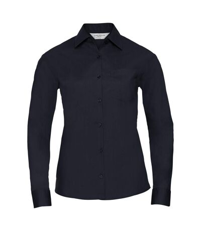Womens/ladies Poplin Easy-care Long-sleeved Shirt French Navy Russell Collection