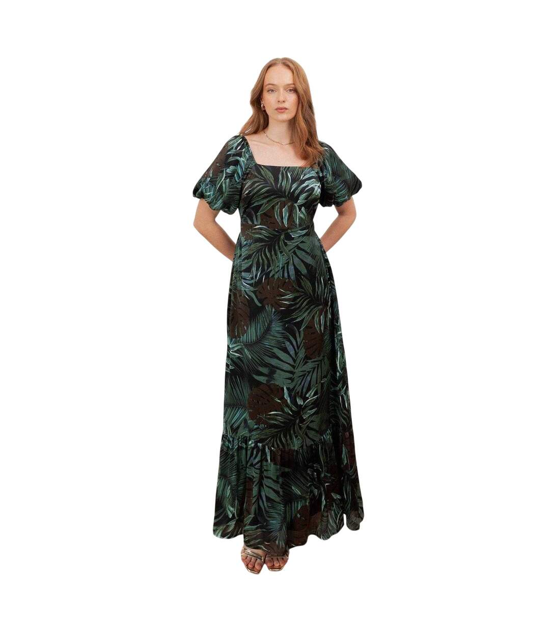 Robe Longue Manches Bouffantes Motif/style Tropical Femme Bleu Marine Lovedrobe-1