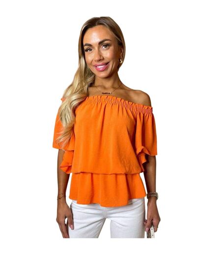 Womens/ladies Ruffle Hem Bardot Top Orange AX Paris