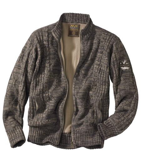 Men's Brown Fleece-Lined Knitted Jacket - Full Zip